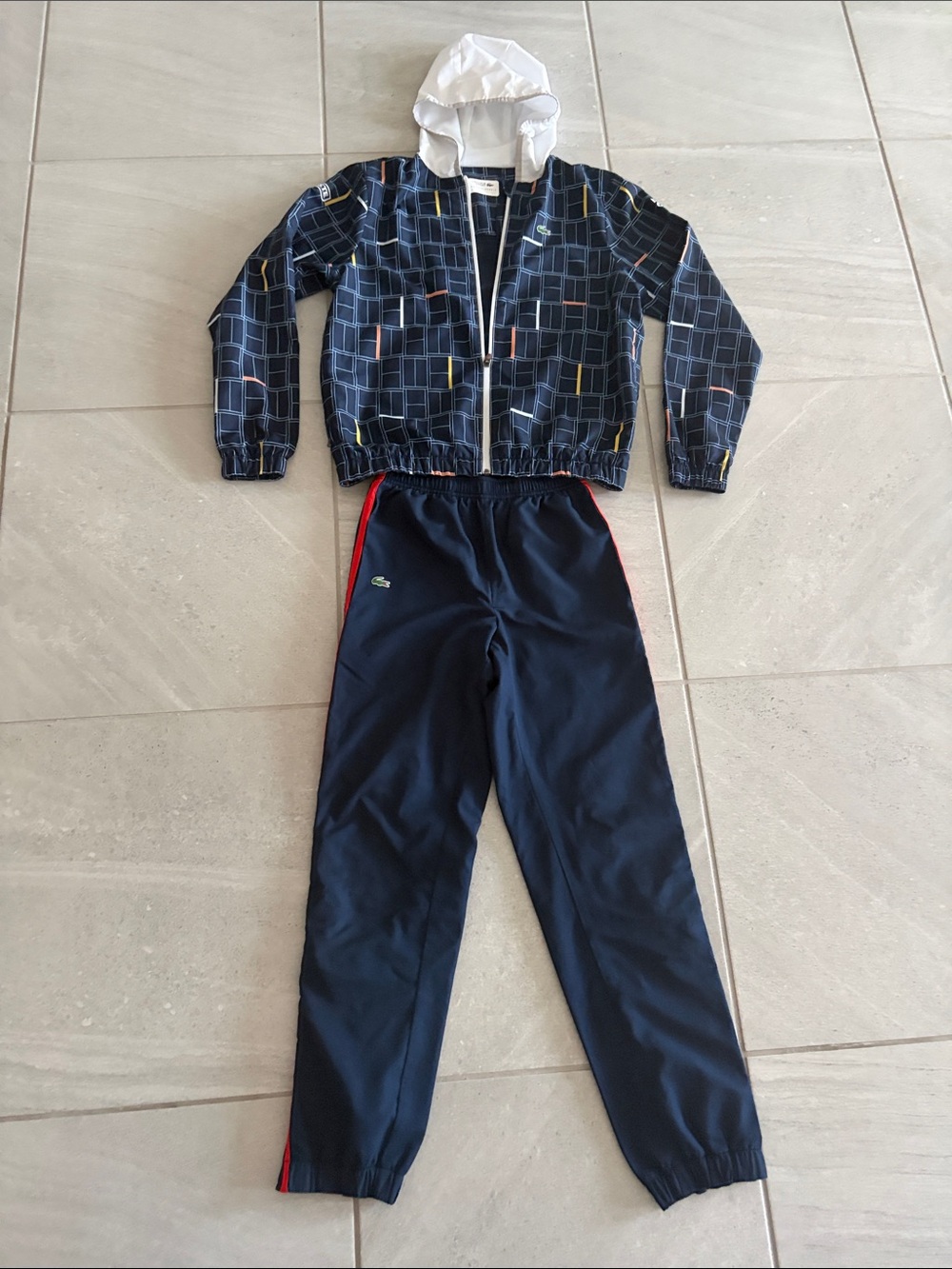 Lacoste Navy Track Jacket and Pants Set with White Hood and Red Accents